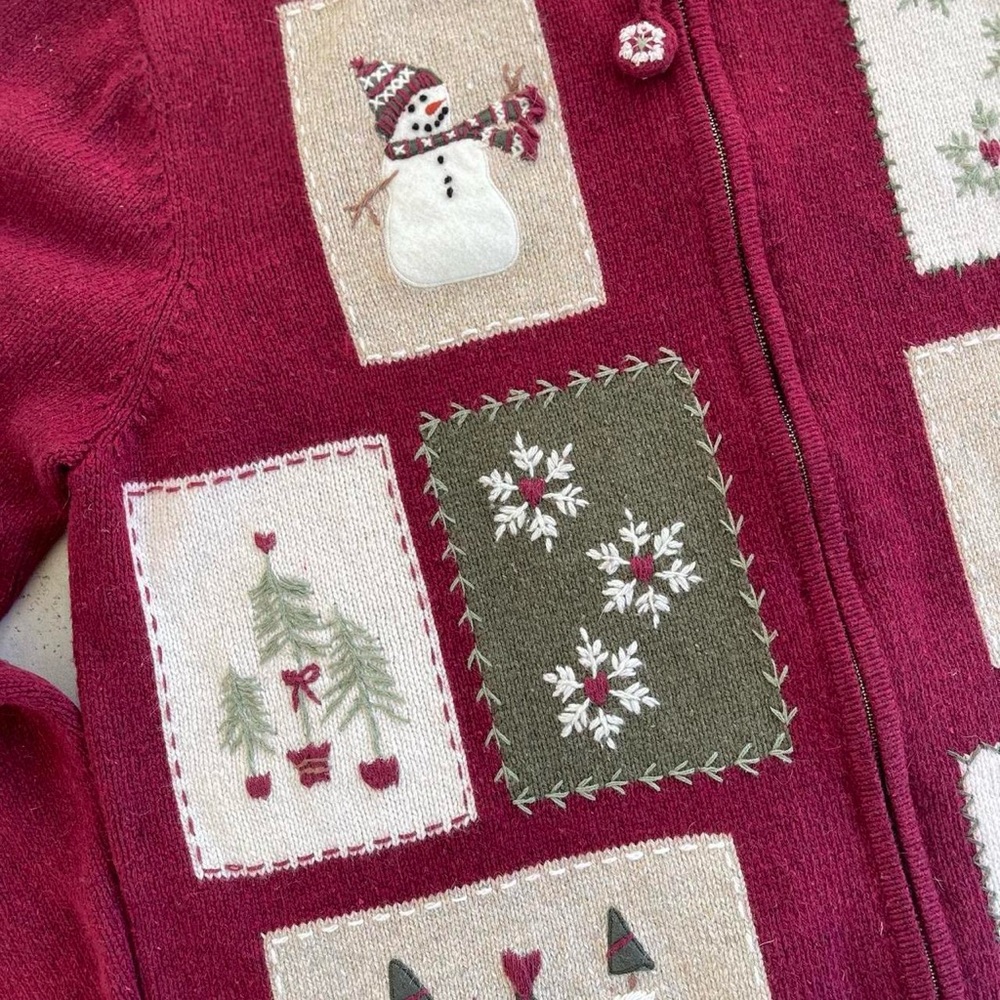 Croft & Barrow Burgundy Knit Embroidered Patchwork Snowman Winter Cardigan XL - Picture 7 of 8
